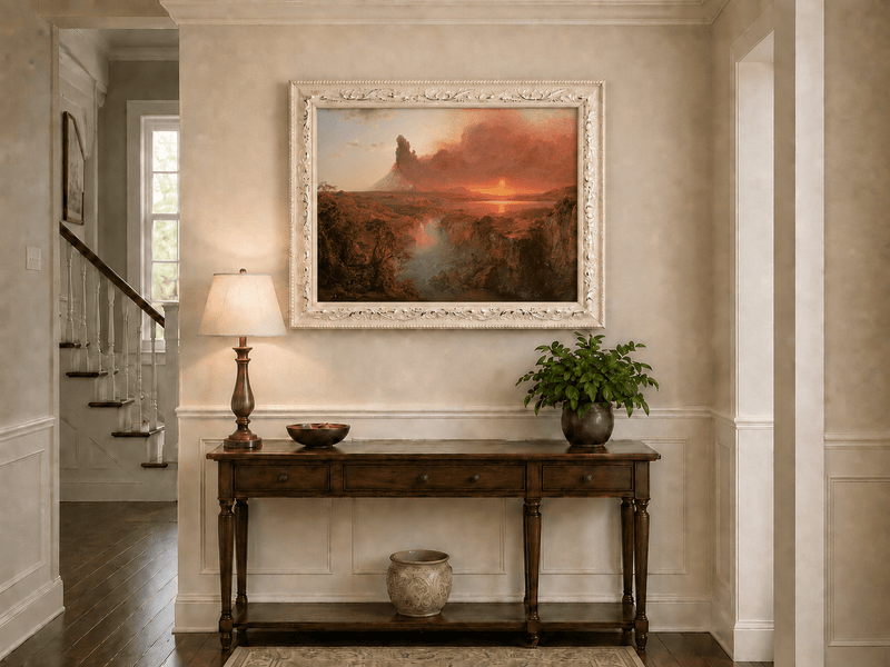 Volcanic eruption and red sunset haze hand-painted oil artwork shown as home wall decor.