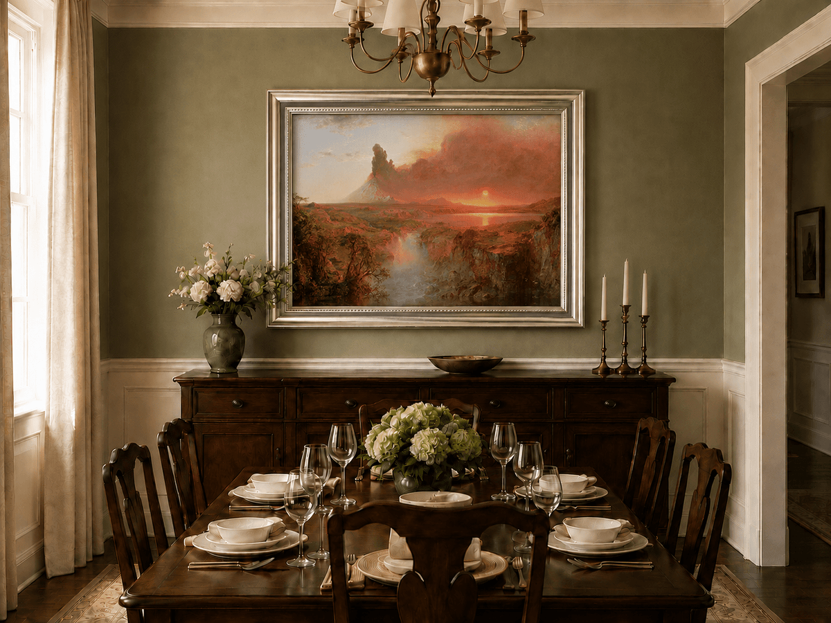 Red-hazed volcanic sunset oil landscape artwork shown in a styled home interior.