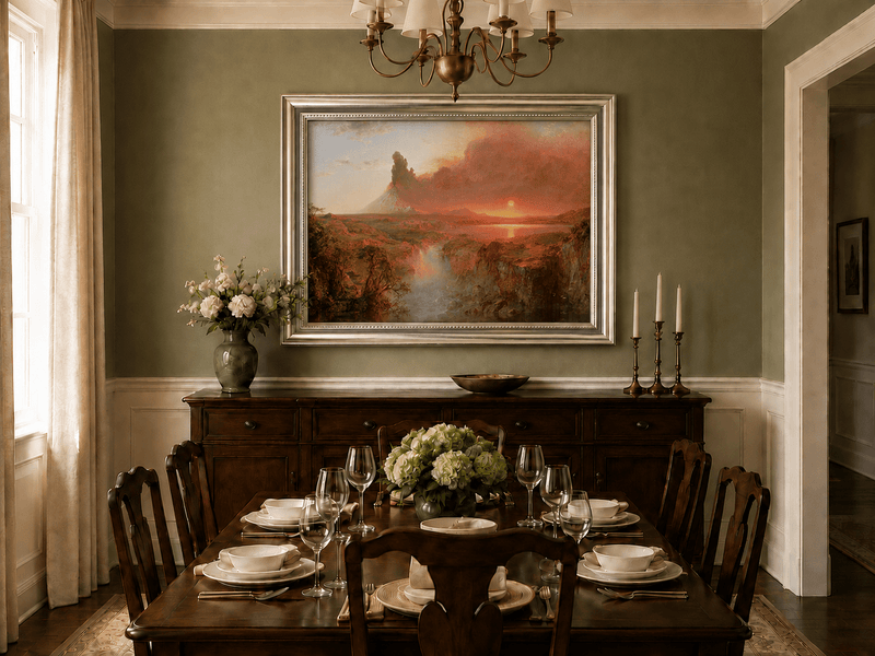 Red-hazed volcanic sunset oil landscape artwork shown in a styled home interior.