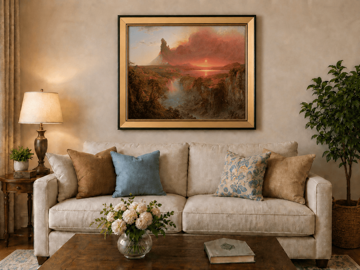 Volcanic eruption at sunset under red-hazed skies landscape oil painting displayed in a styled home interior.
