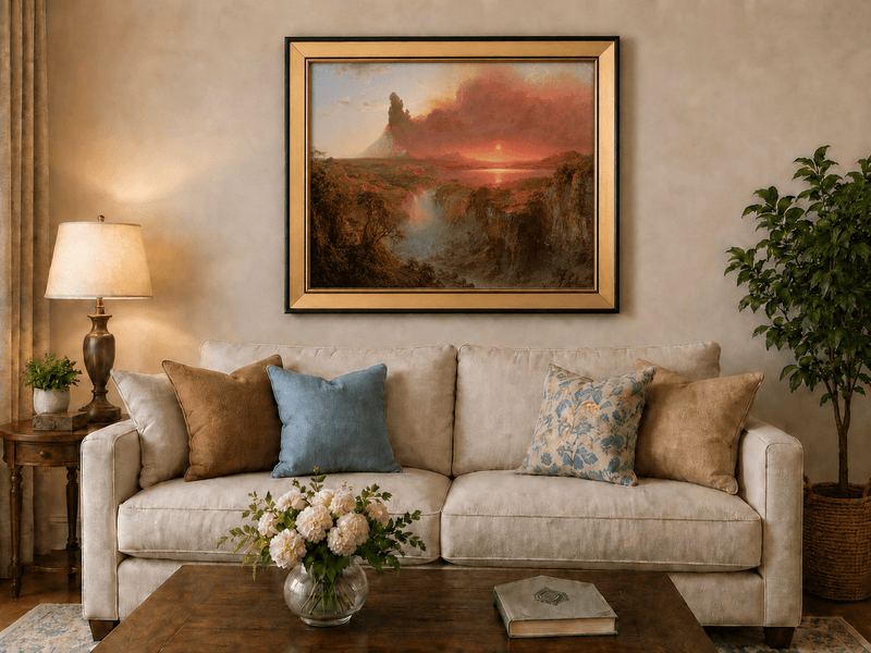 Volcanic eruption at sunset under red-hazed skies landscape oil painting displayed in a styled home interior.