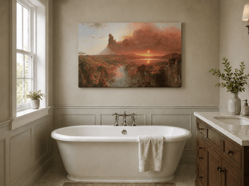 Volcanic eruption sunset and red-hazed skies landscape oil painting presented as styled home decor.
