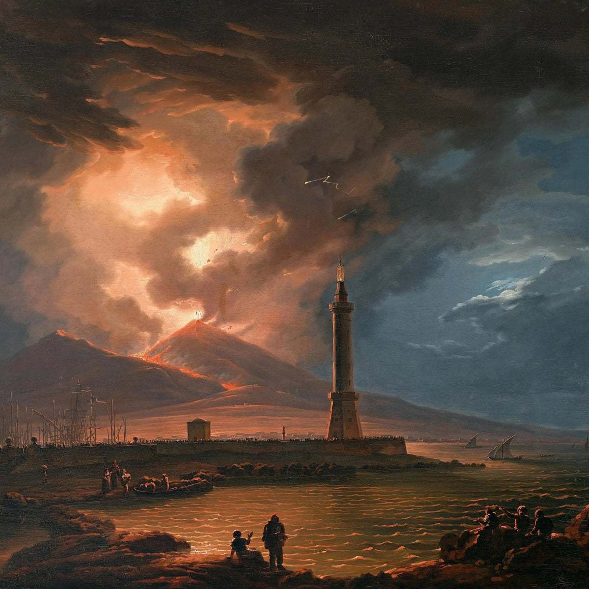 Landscape Oil Painting - Volcano Eruption with Lighthouse & Sea - Oil Painting Haven