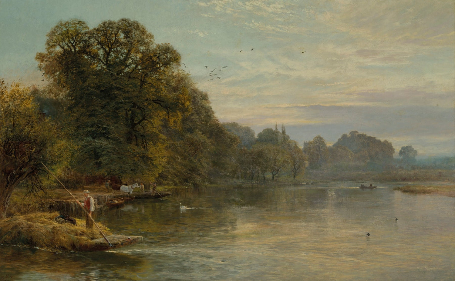 Landscape Oil Painting - Wargrave River with Swan and Misty Trees - Oil Painting Haven