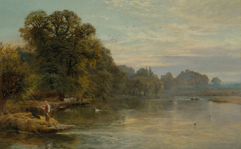 Hand-painted wargrave river with swan and misty trees landscape oil painting on canvas