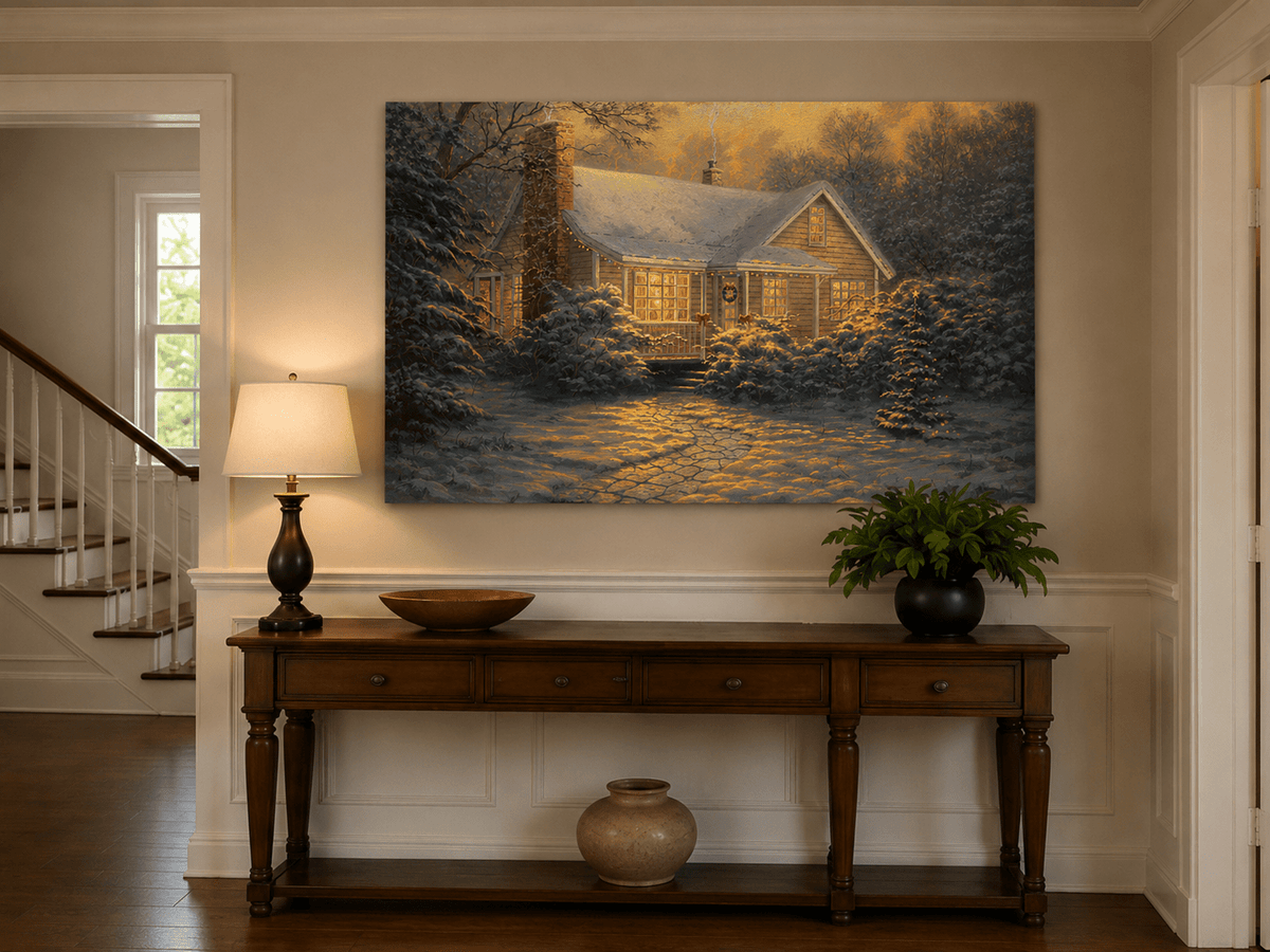 Chalet d'hiver chaleureux, neige, lumières – Peinture à l'huile de paysage peinte à la main