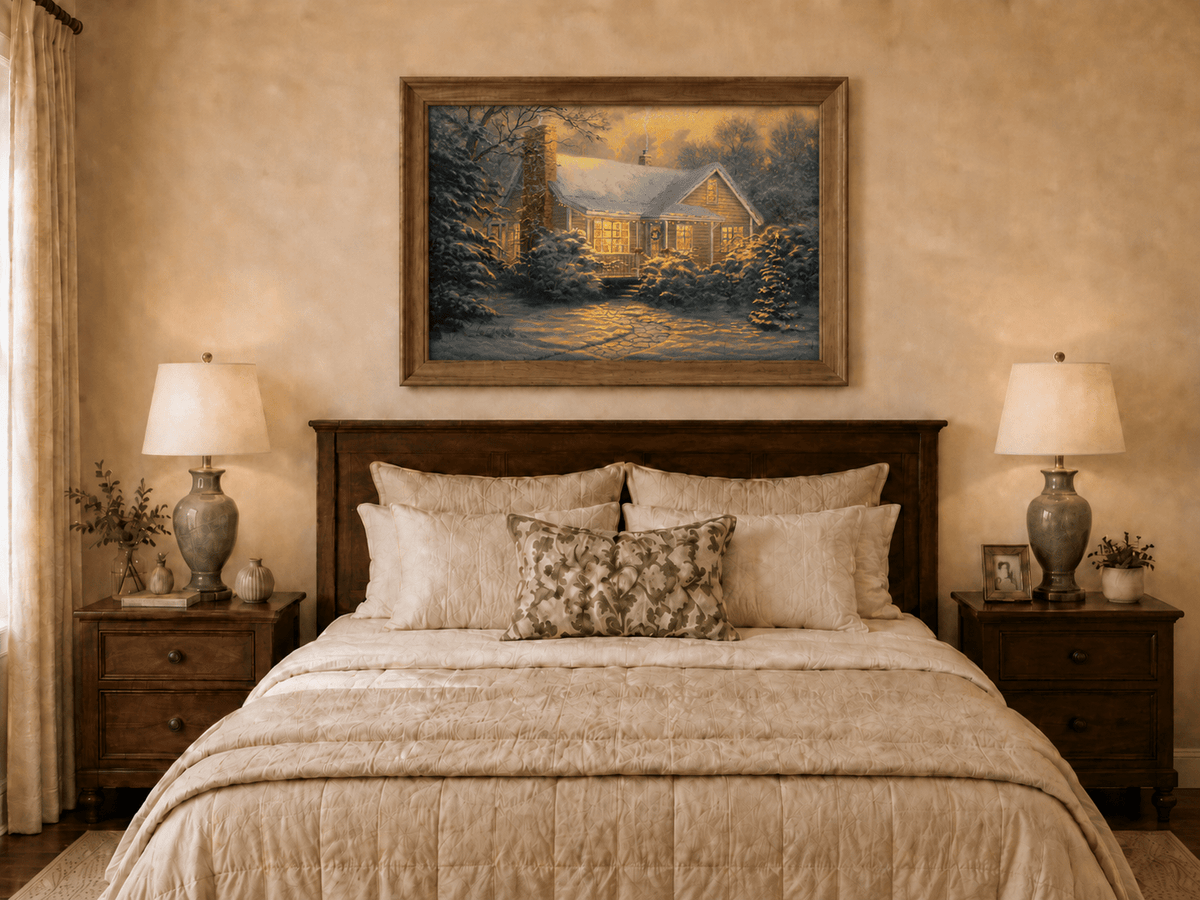 Chalet d'hiver chaleureux, neige, lumières – Peinture à l'huile de paysage peinte à la main