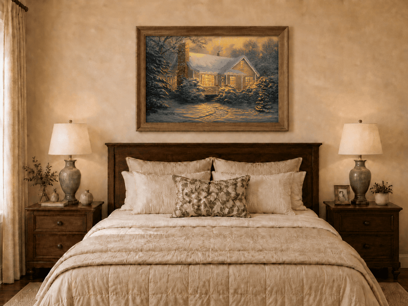 Chalet d'hiver chaleureux, neige, lumières – Peinture à l'huile de paysage peinte à la main