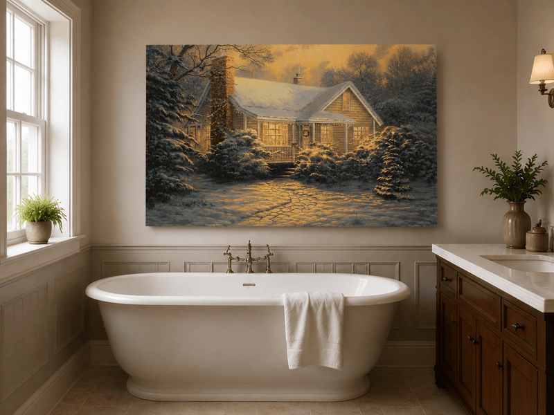 Chalet d'hiver chaleureux, neige, lumières – Peinture à l'huile de paysage peinte à la main
