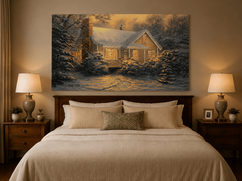 Chalet d'hiver chaleureux, neige, lumières – Peinture à l'huile de paysage peinte à la main