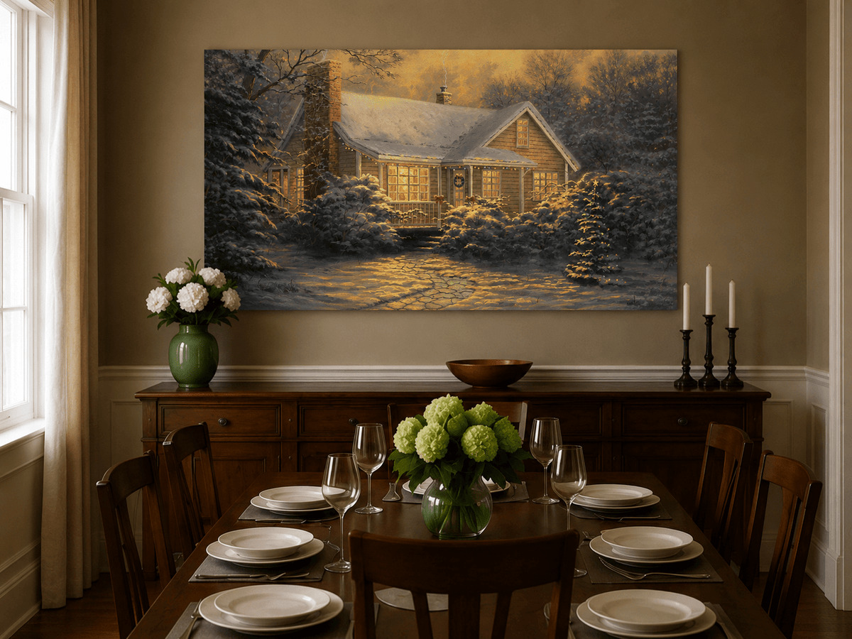 Chalet d'hiver chaleureux, neige, lumières – Peinture à l'huile de paysage peinte à la main