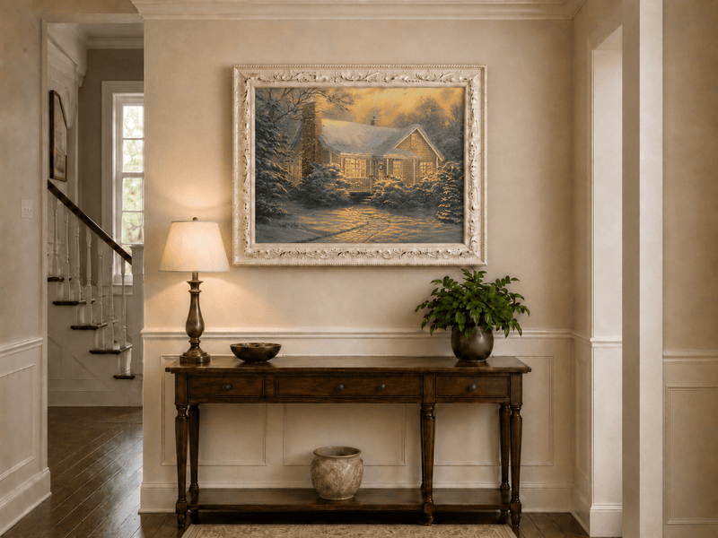 Chalet d'hiver chaleureux, neige, lumières – Peinture à l'huile de paysage peinte à la main