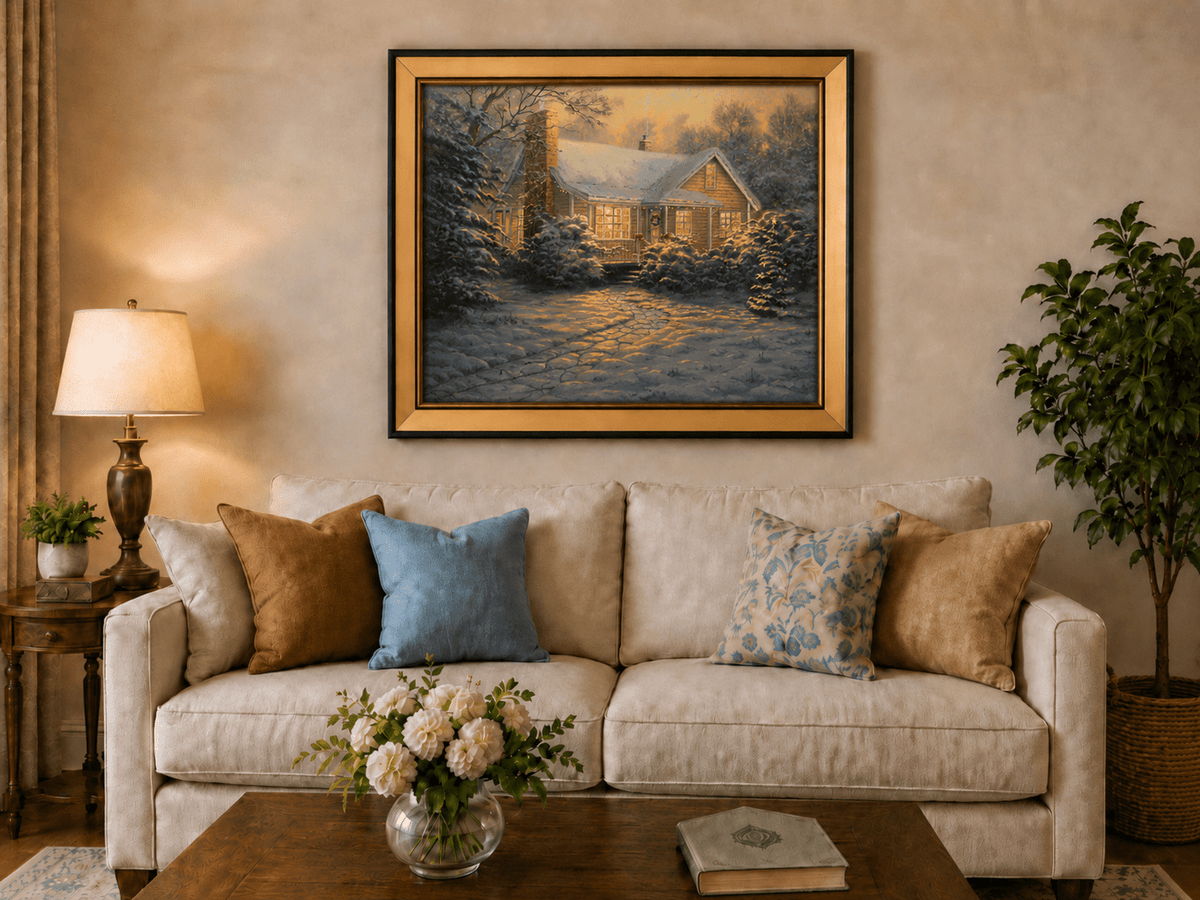 Chalet d'hiver chaleureux, neige, lumières – Peinture à l'huile de paysage peinte à la main