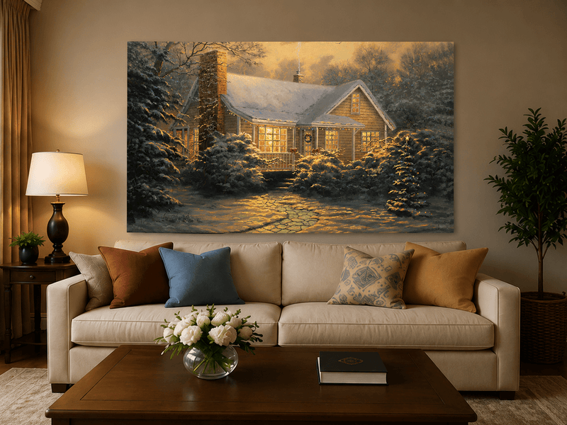 Chalet d'hiver chaleureux, neige, lumières – Peinture à l'huile de paysage peinte à la main