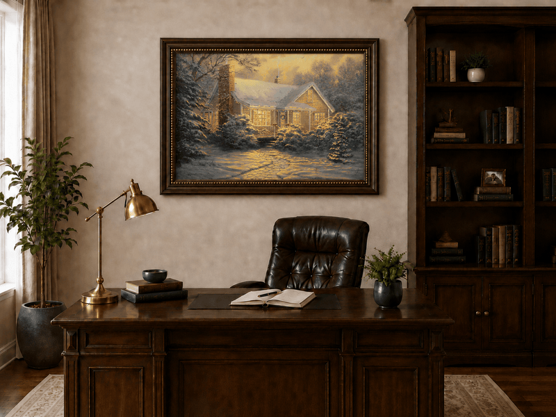 Chalet d'hiver chaleureux, neige, lumières – Peinture à l'huile de paysage peinte à la main