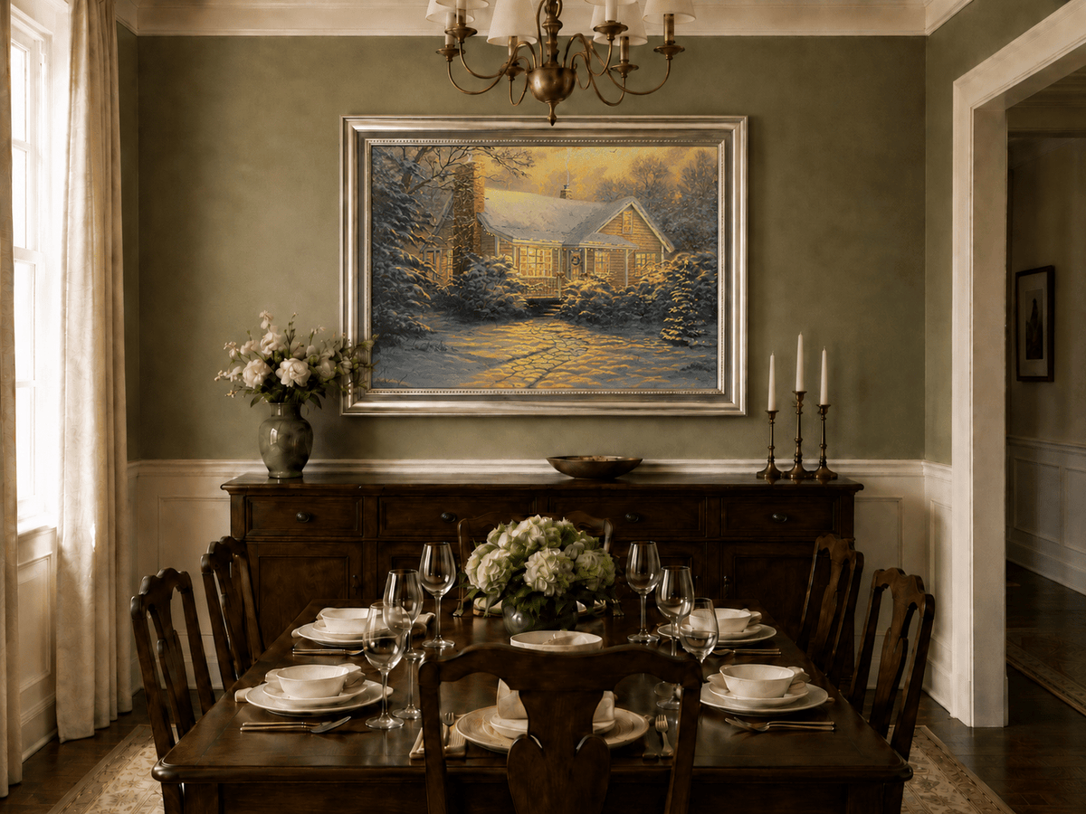 Chalet d'hiver chaleureux, neige, lumières – Peinture à l'huile de paysage peinte à la main