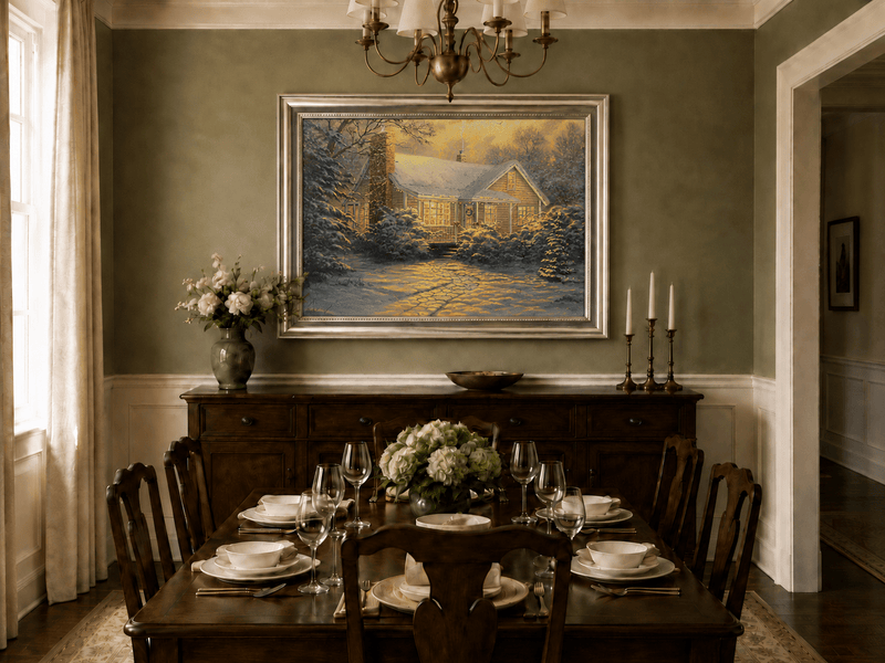Chalet d'hiver chaleureux, neige, lumières – Peinture à l'huile de paysage peinte à la main