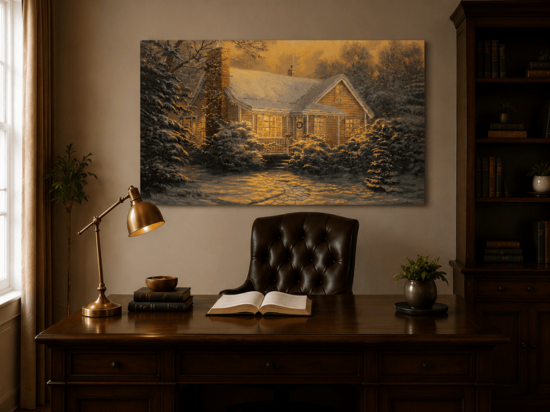 Chalet d'hiver chaleureux, neige, lumières – Peinture à l'huile de paysage peinte à la main