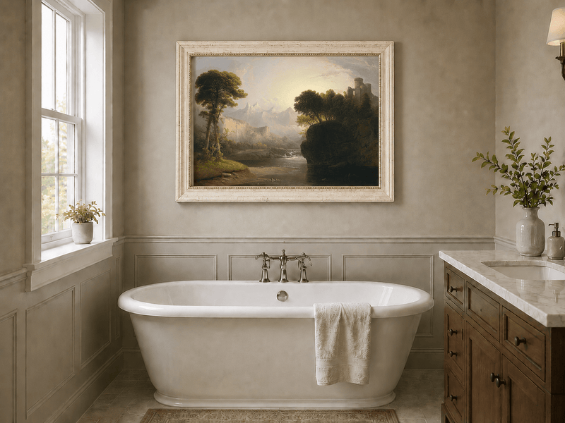 Peinture à l'huile de paysage - Cascade, ruines de château et montagne