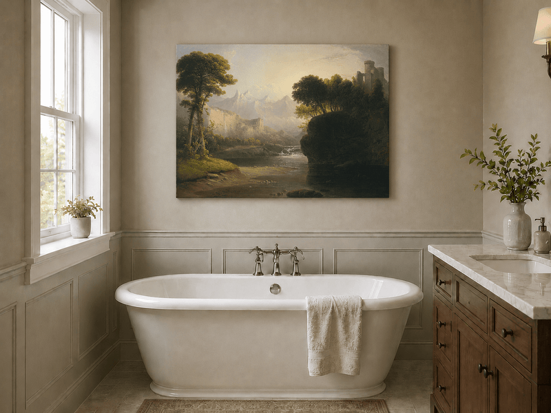 Peinture à l'huile de paysage - Cascade, ruines de château et montagne