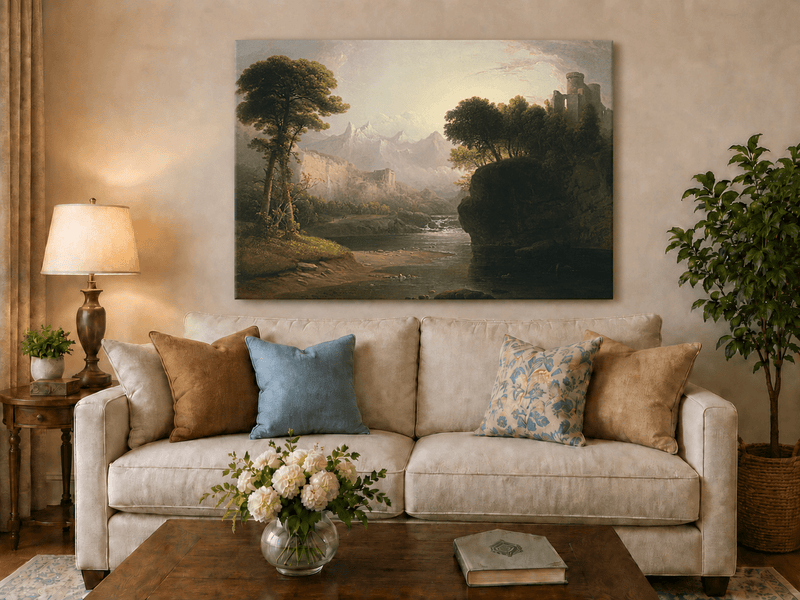Peinture à l'huile de paysage - Cascade, ruines de château et montagne
