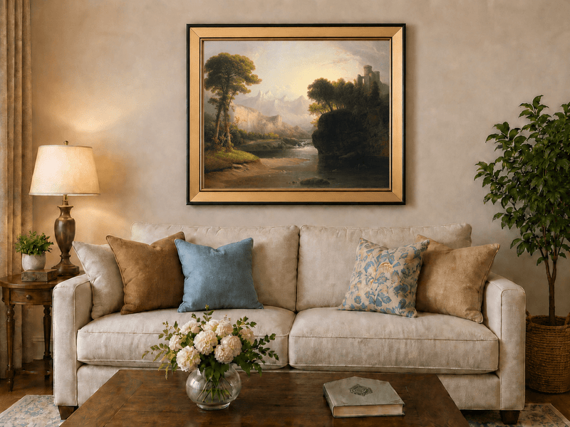 Peinture à l'huile de paysage - Cascade, ruines de château et montagne