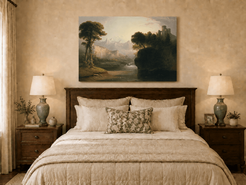 Peinture à l'huile de paysage - Cascade, ruines de château et montagne