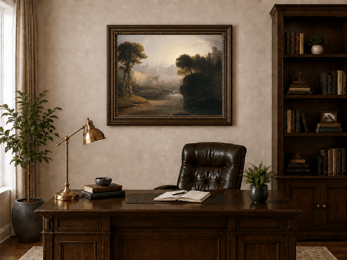 Peinture à l'huile de paysage - Cascade, ruines de château et montagne