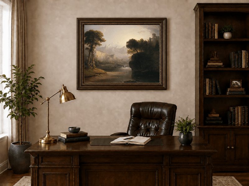Peinture à l'huile de paysage - Cascade, ruines de château et montagne