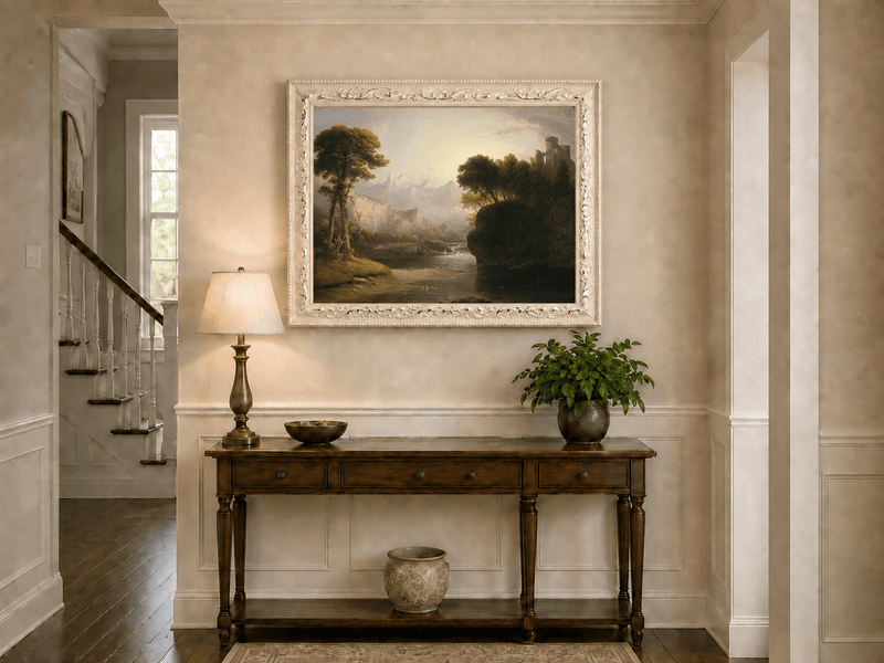 Peinture à l'huile de paysage - Cascade, ruines de château et montagne