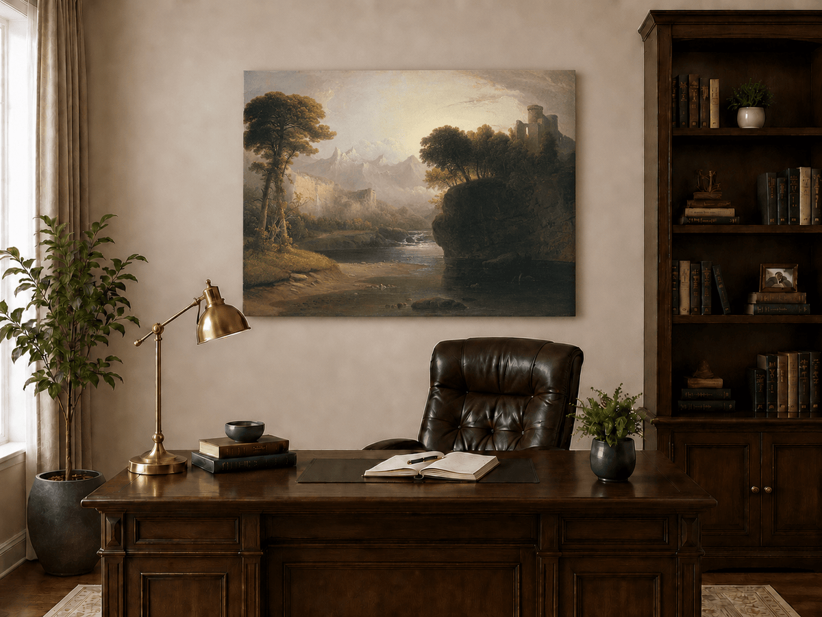 Peinture à l'huile de paysage - Cascade, ruines de château et montagne