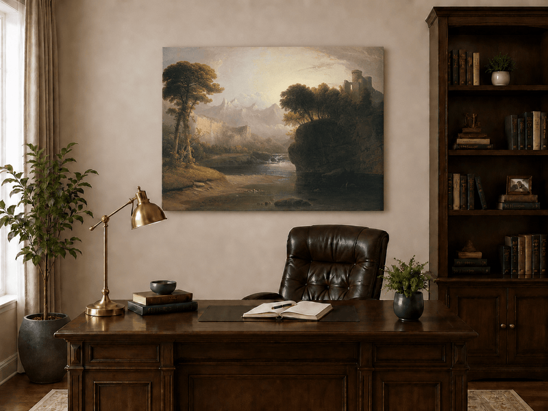 Peinture à l'huile de paysage - Cascade, ruines de château et montagne