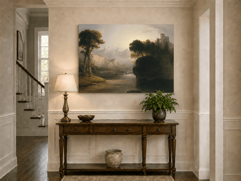 Peinture à l'huile de paysage - Cascade, ruines de château et montagne