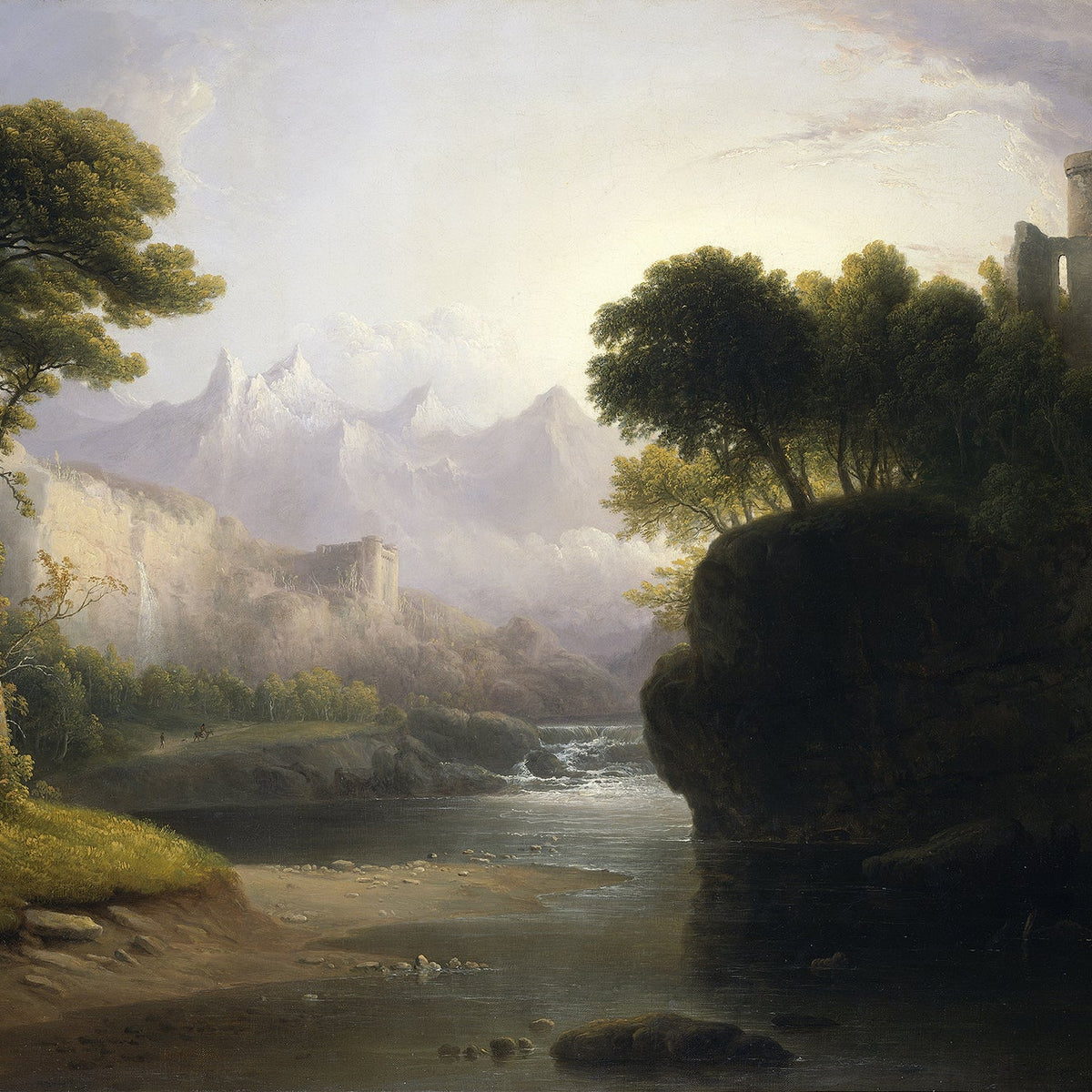 Landscape Oil Painting - Waterfall, Castle Ruins & Mountain Valley - Oil Painting Haven