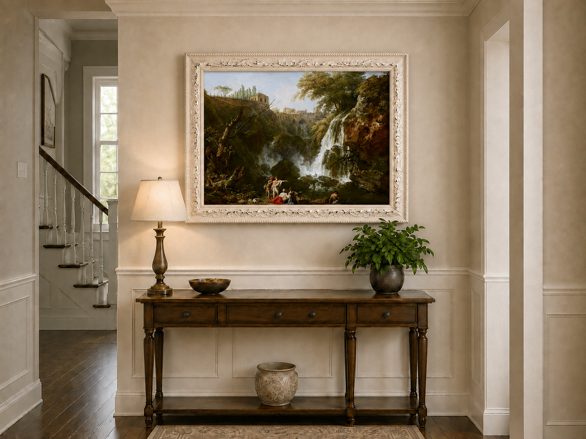 Waterfall, figures and classical architecture hand-painted oil artwork shown as home wall decor.