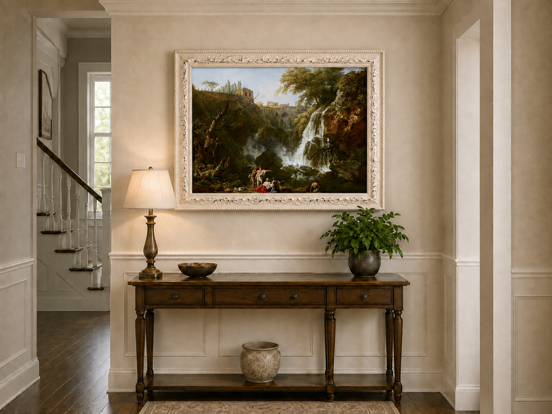 Waterfall, figures and classical architecture hand-painted oil artwork shown as home wall decor.