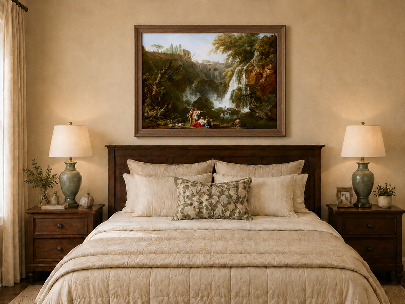 Hand-painted waterfall with figures and classical architecture displayed as decorative wall art.