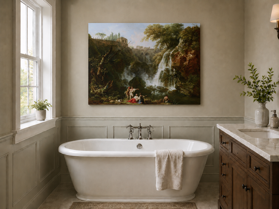 Waterfall with figures and classical architecture landscape oil painting presented as styled home decor.