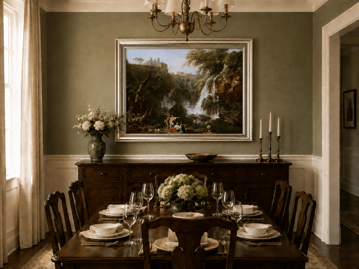 Waterfall and classical ruins oil landscape artwork shown in a styled home interior.
