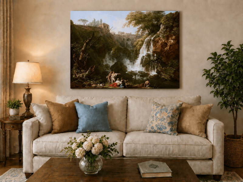 Classical waterfall scene hand-painted oil artwork displayed in a second interior view.