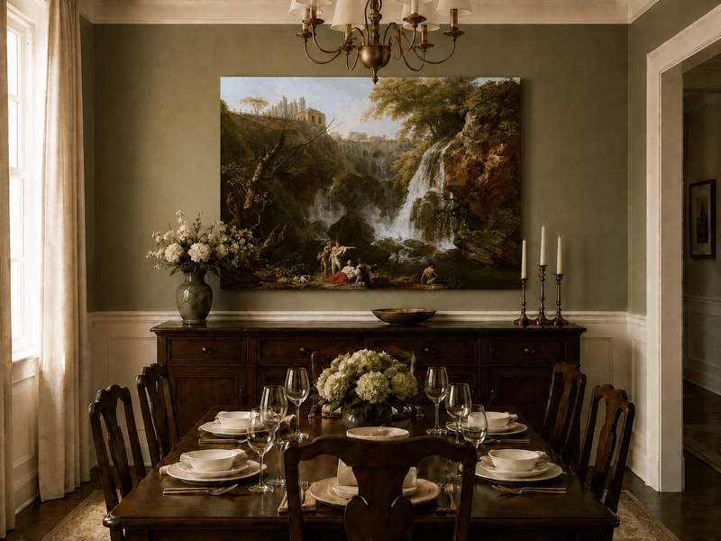 Hand-painted waterfall and classical figures landscape artwork in an interior display.