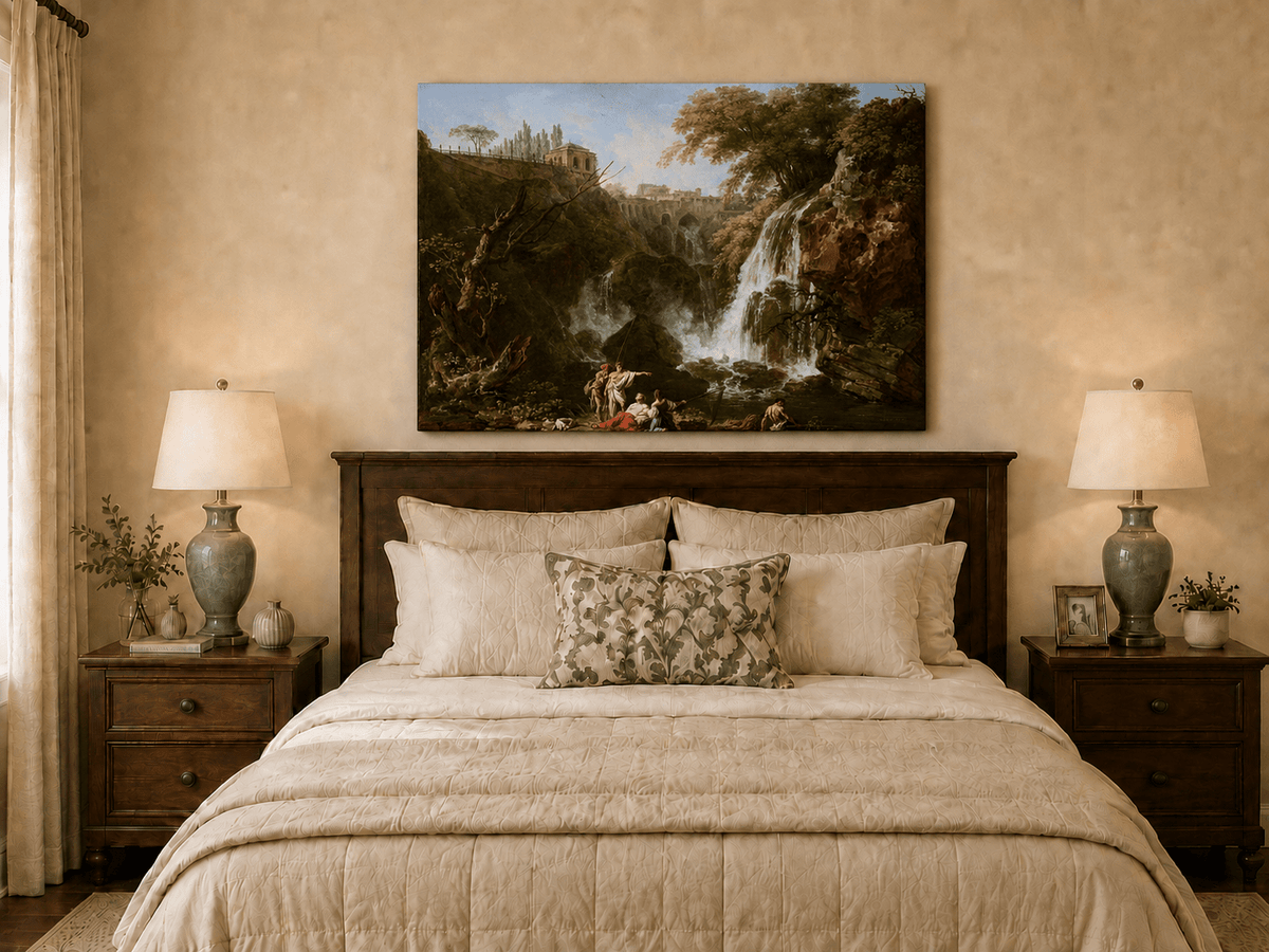 Classical waterfall oil painting displayed as landscape wall decor.