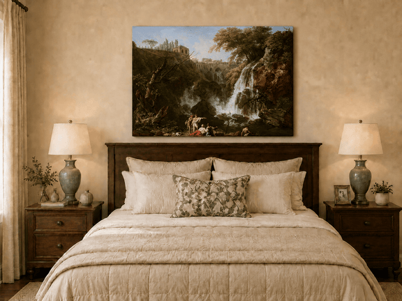 Classical waterfall oil painting displayed as landscape wall decor.