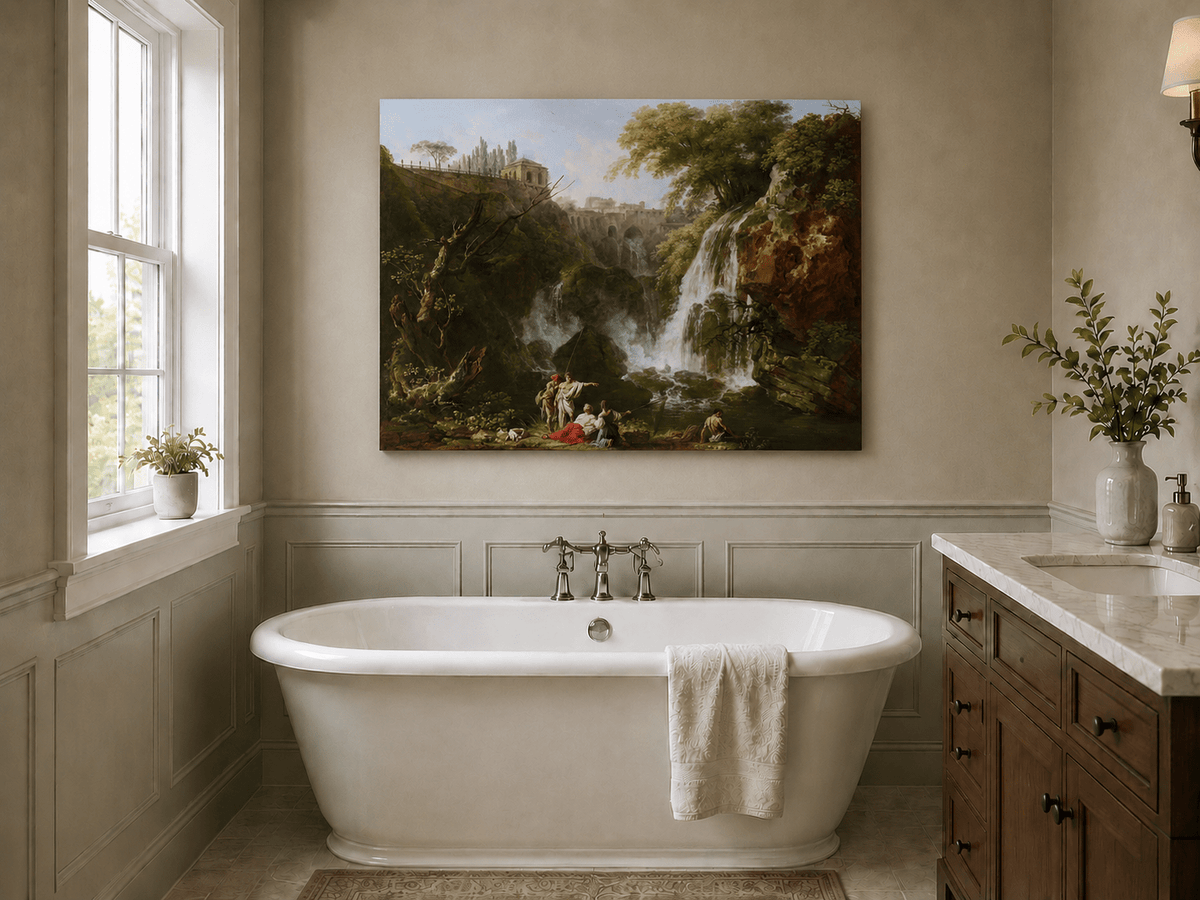 Waterfall with figures and classical architecture landscape oil painting presented as styled home decor.