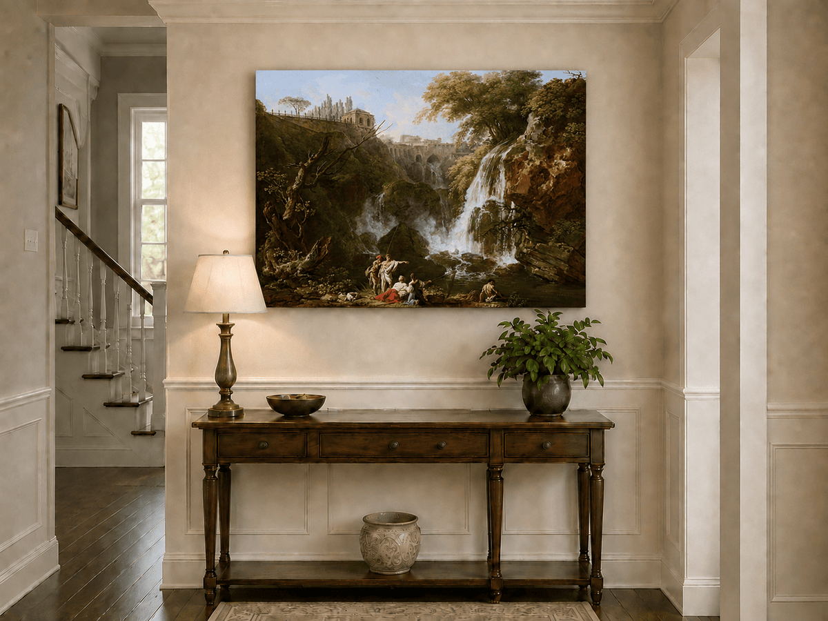 Waterfall and classical architecture landscape painting shown as decorative oil wall art.