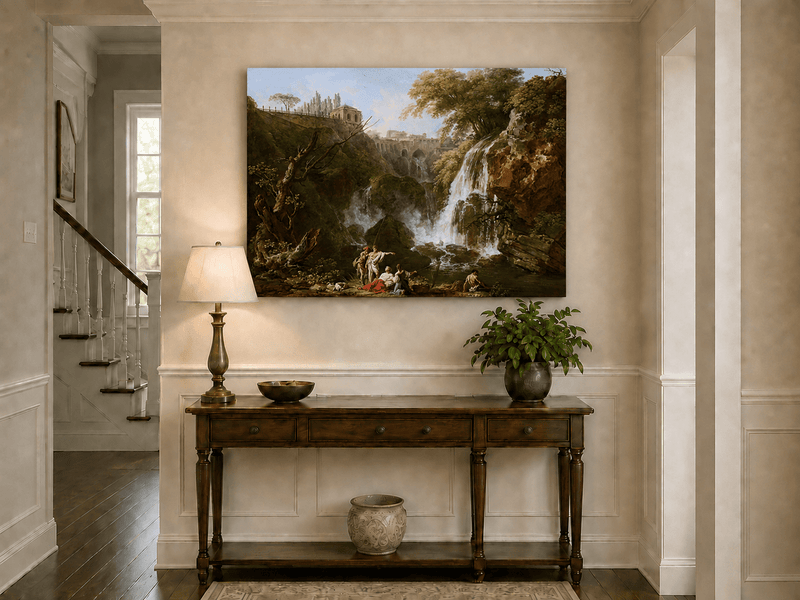 Waterfall and classical architecture landscape painting shown as decorative oil wall art.