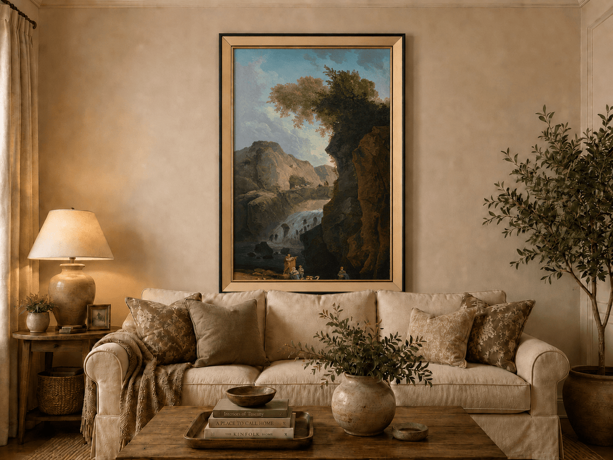 Landscape Oil Painting - Waterfall Gorge with Figures and Bridge