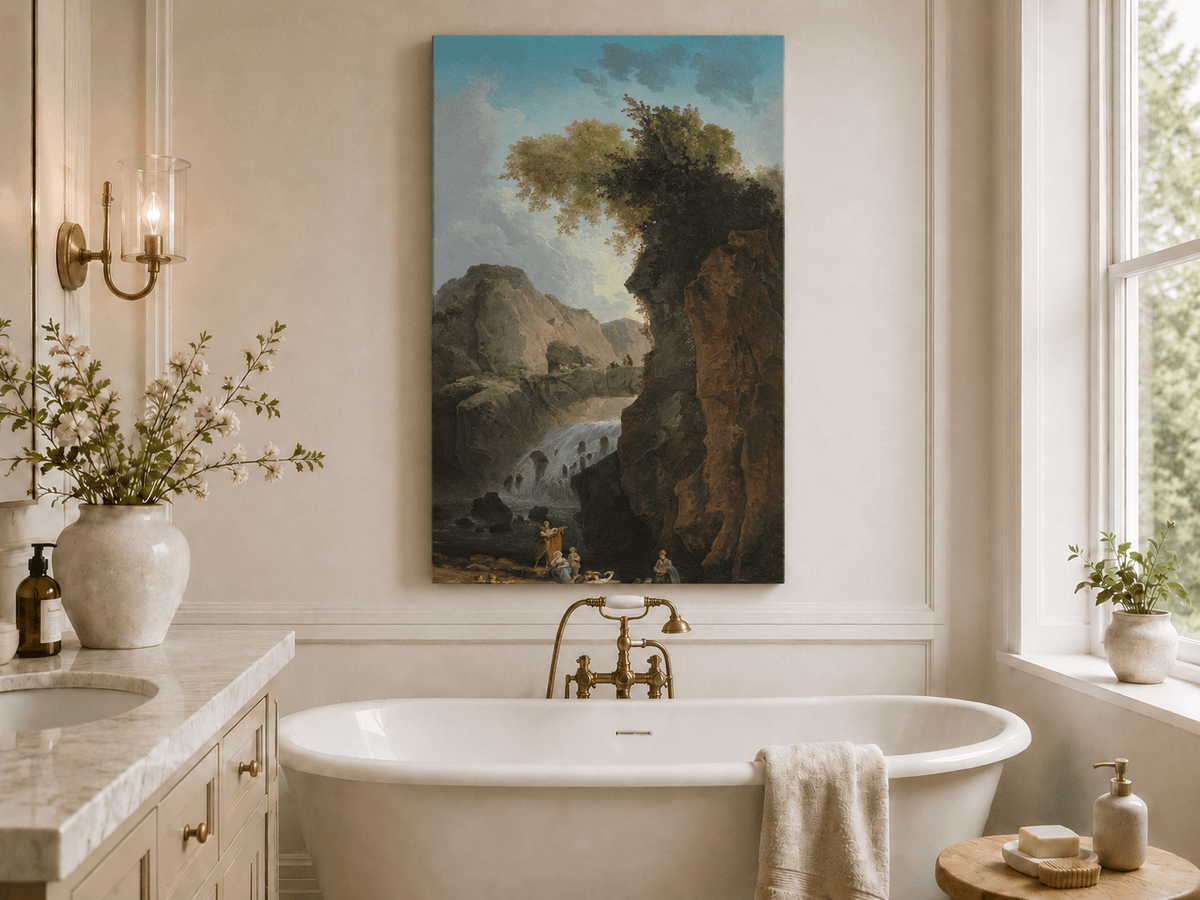 Landscape Oil Painting - Waterfall Gorge with Figures and Bridge