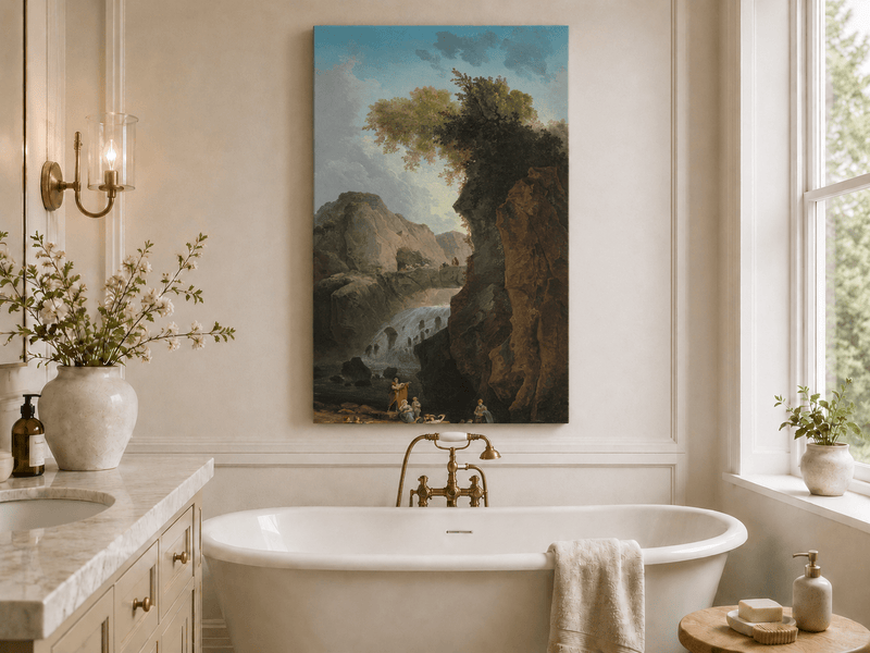 Landscape Oil Painting - Waterfall Gorge with Figures and Bridge
