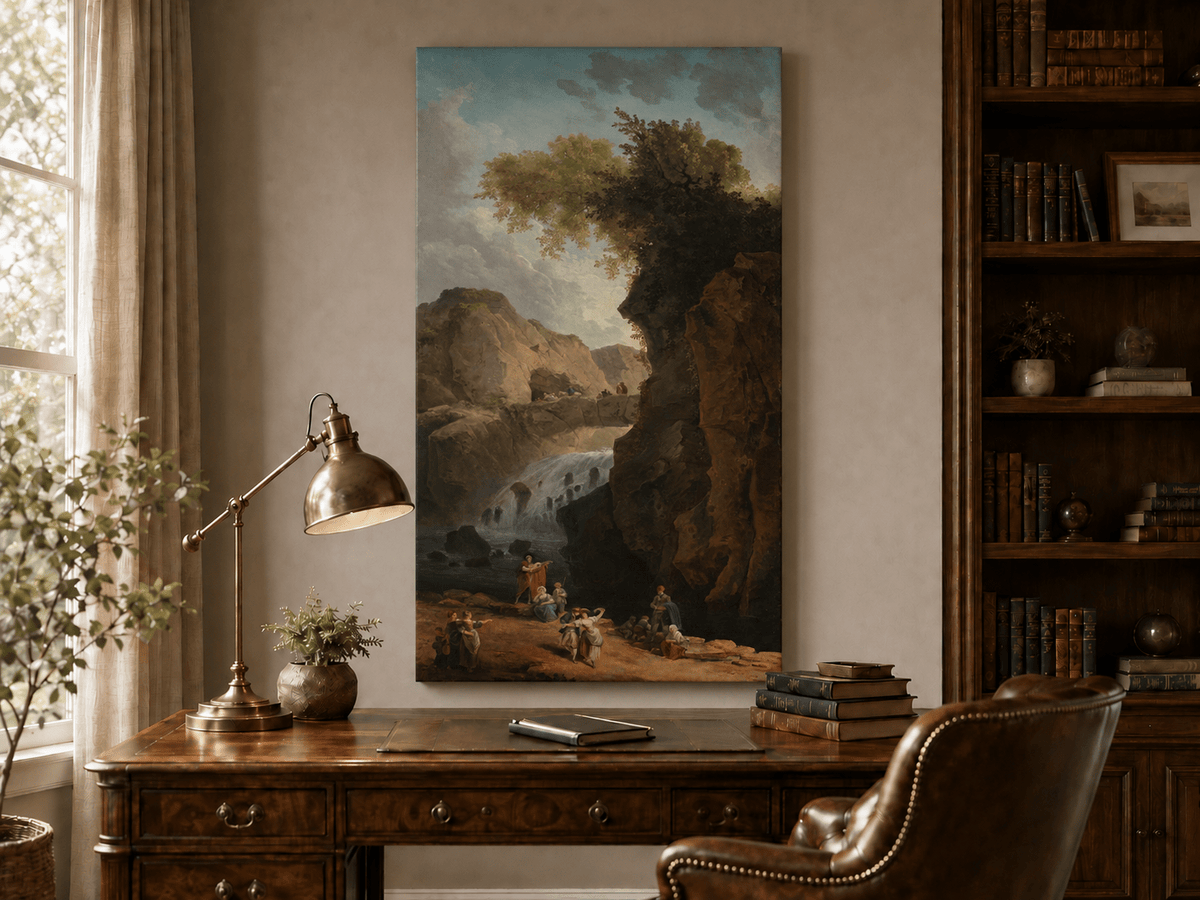 Landscape Oil Painting - Waterfall Gorge with Figures and Bridge